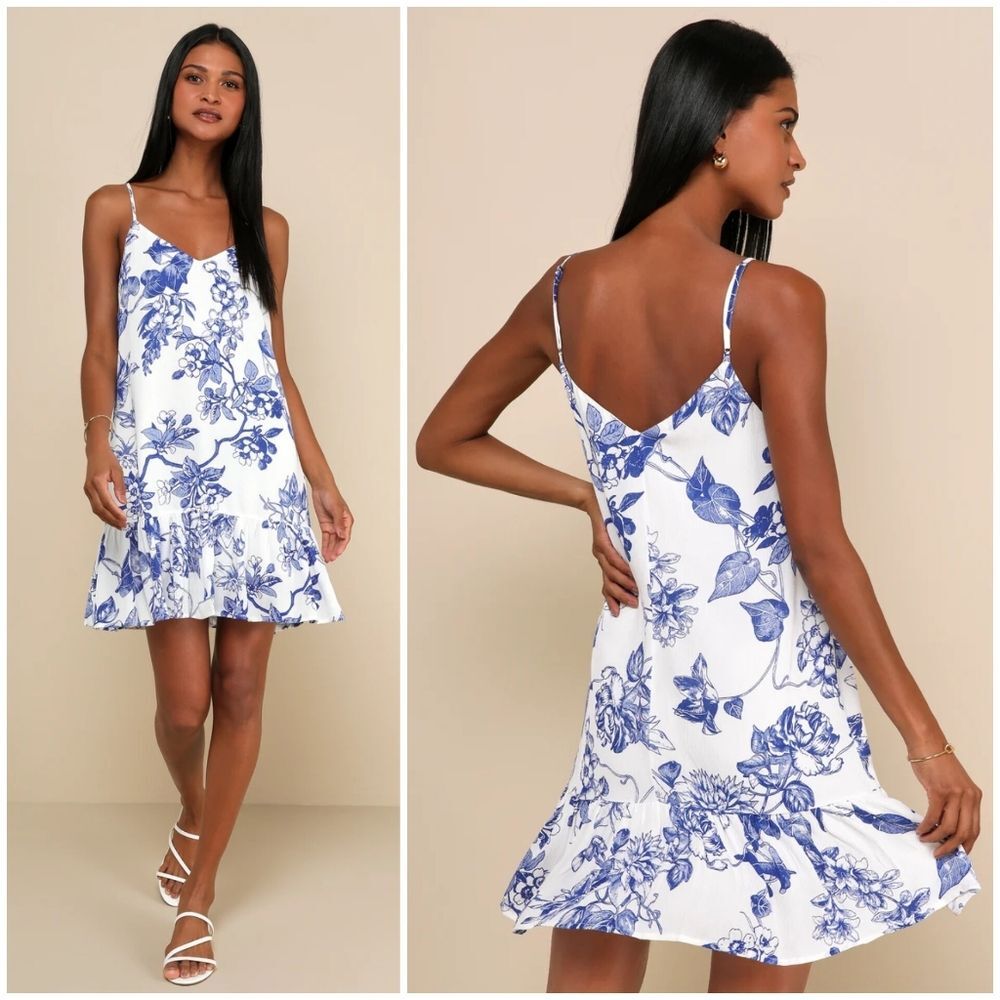 Lulus Womens S Garden Bloom Floral Print Ruffled Shift Mini Dress Blue White